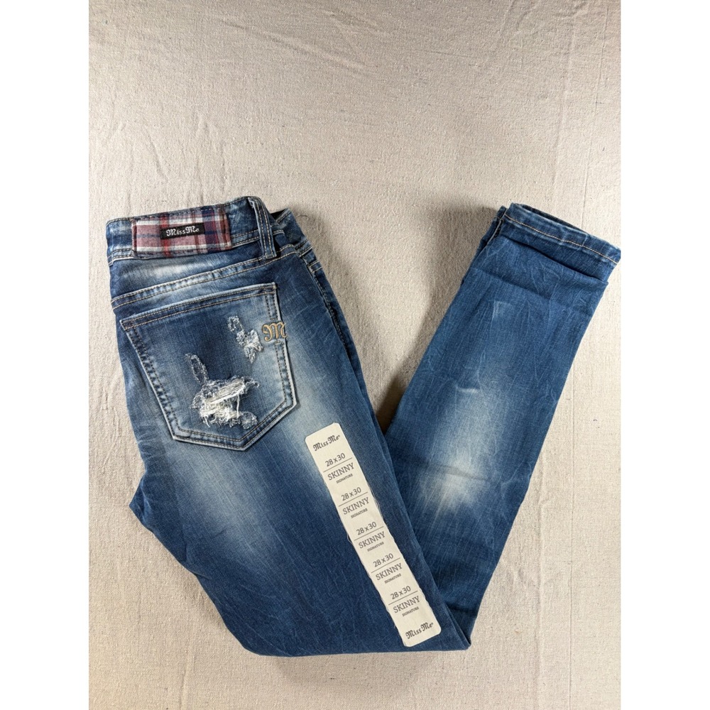 Miss Me Signature Skinny Jeans Womens 28x30 Blue Plaid Distressed Low Rise NWT